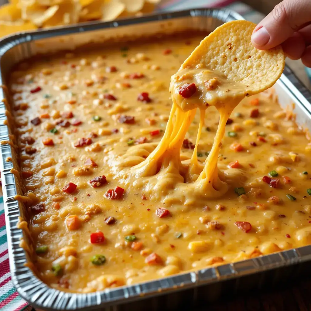 A rich and creamy smoked queso recipe in a large aluminum tray, with a tortilla chip scooping up the gooey, melted cheese loaded with diced tomatoes, peppers, and seasonings.