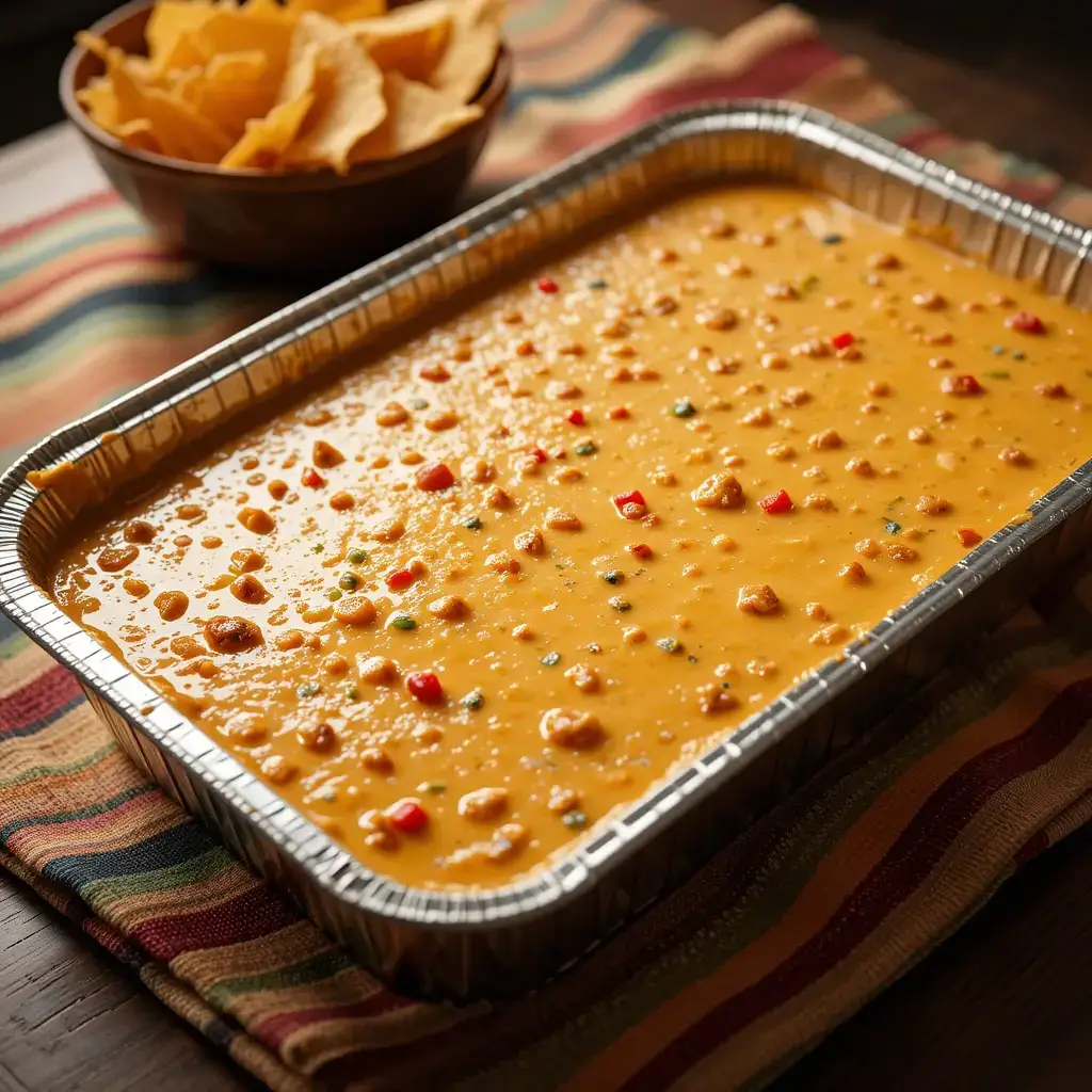 A freshly prepared smoked queso recipe in a large aluminum tray, featuring creamy melted cheese, diced peppers, and sausage, served with tortilla chips on the side.