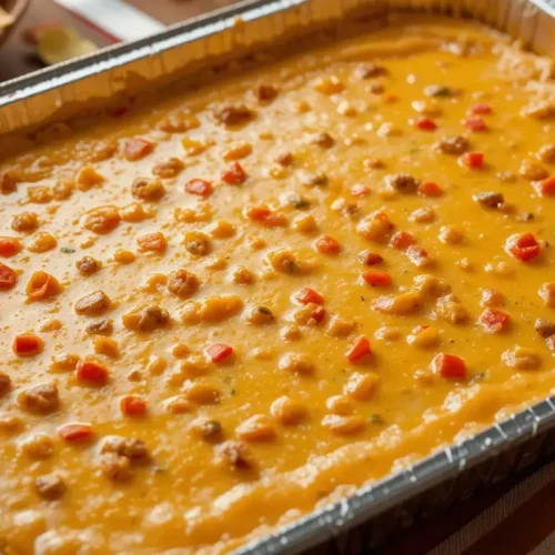 A freshly made smoked queso recipe in a large aluminum tray, featuring creamy melted cheese, sausage, and diced red peppers, served with tortilla chips on the side.