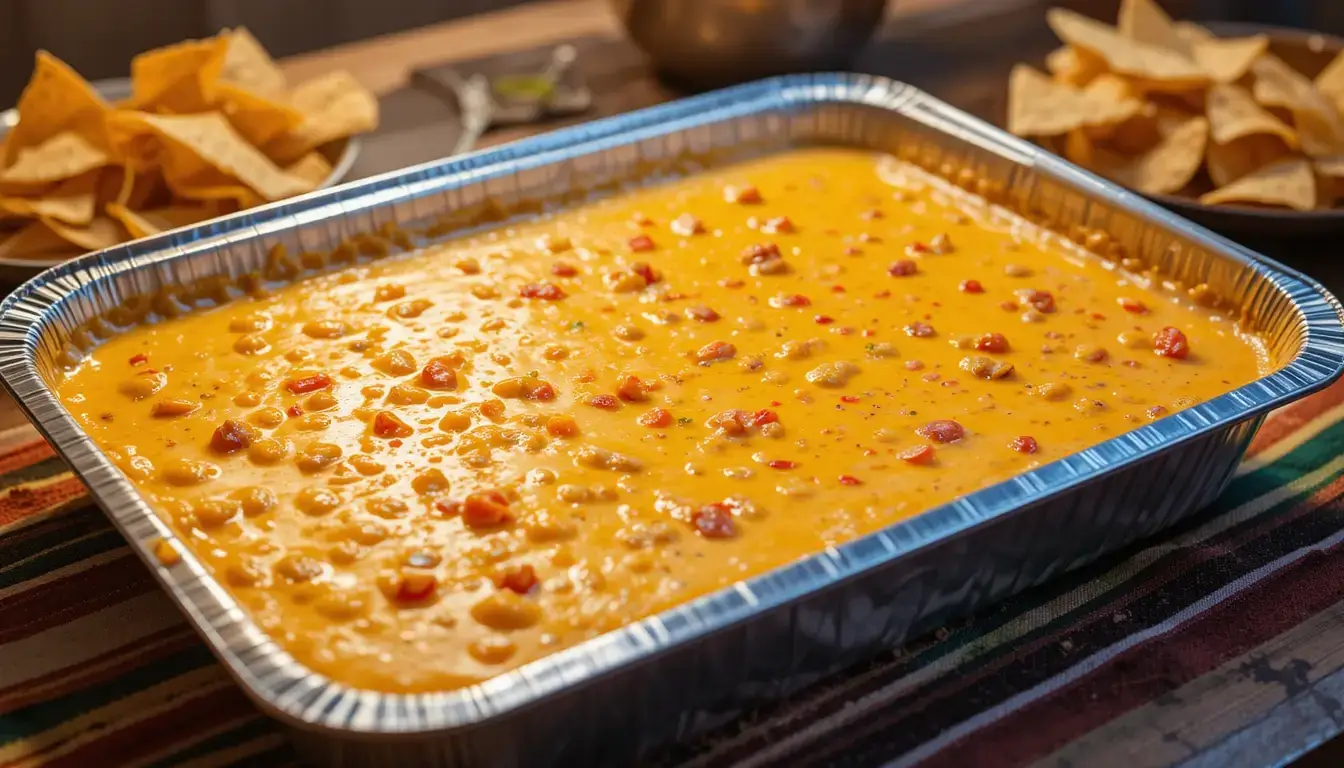 A delicious smoked queso recipe in a large aluminum tray, featuring a rich, melted cheese dip with diced tomatoes and peppers, served alongside crispy tortilla chips.