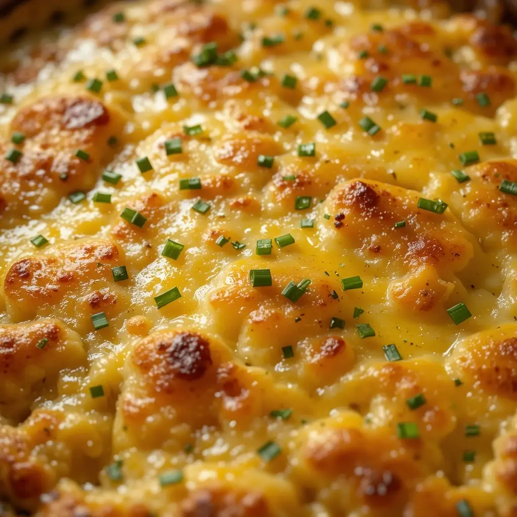 A rich and cheesy Starbucks potato chive bake recipe, featuring golden-brown, bubbly cheese with fresh chives sprinkled on top.