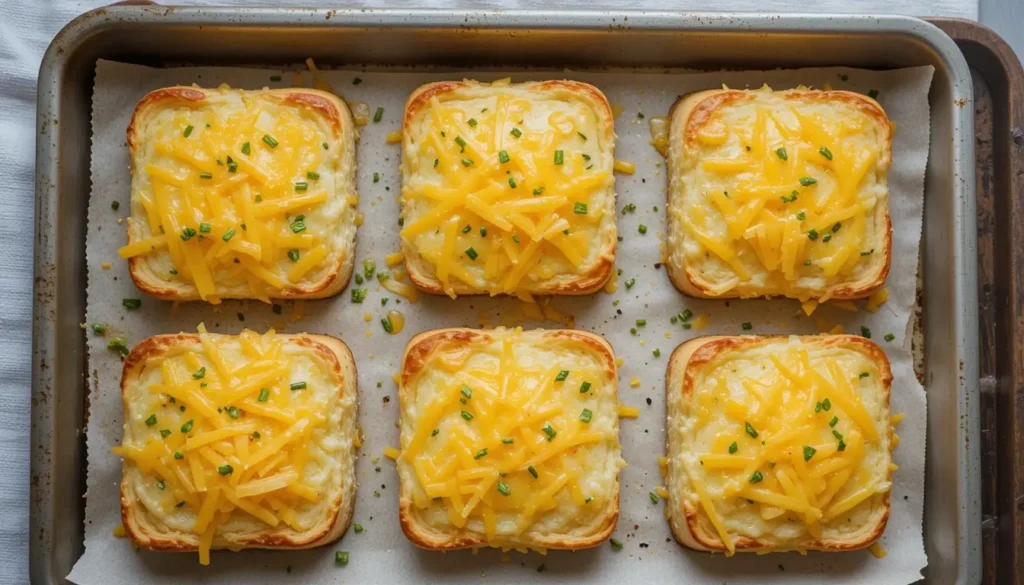 Freshly baked Starbucks potato chive bake recipe, featuring crispy puff pastry topped with creamy potato filling, melted cheddar cheese, and chives on a baking tray.