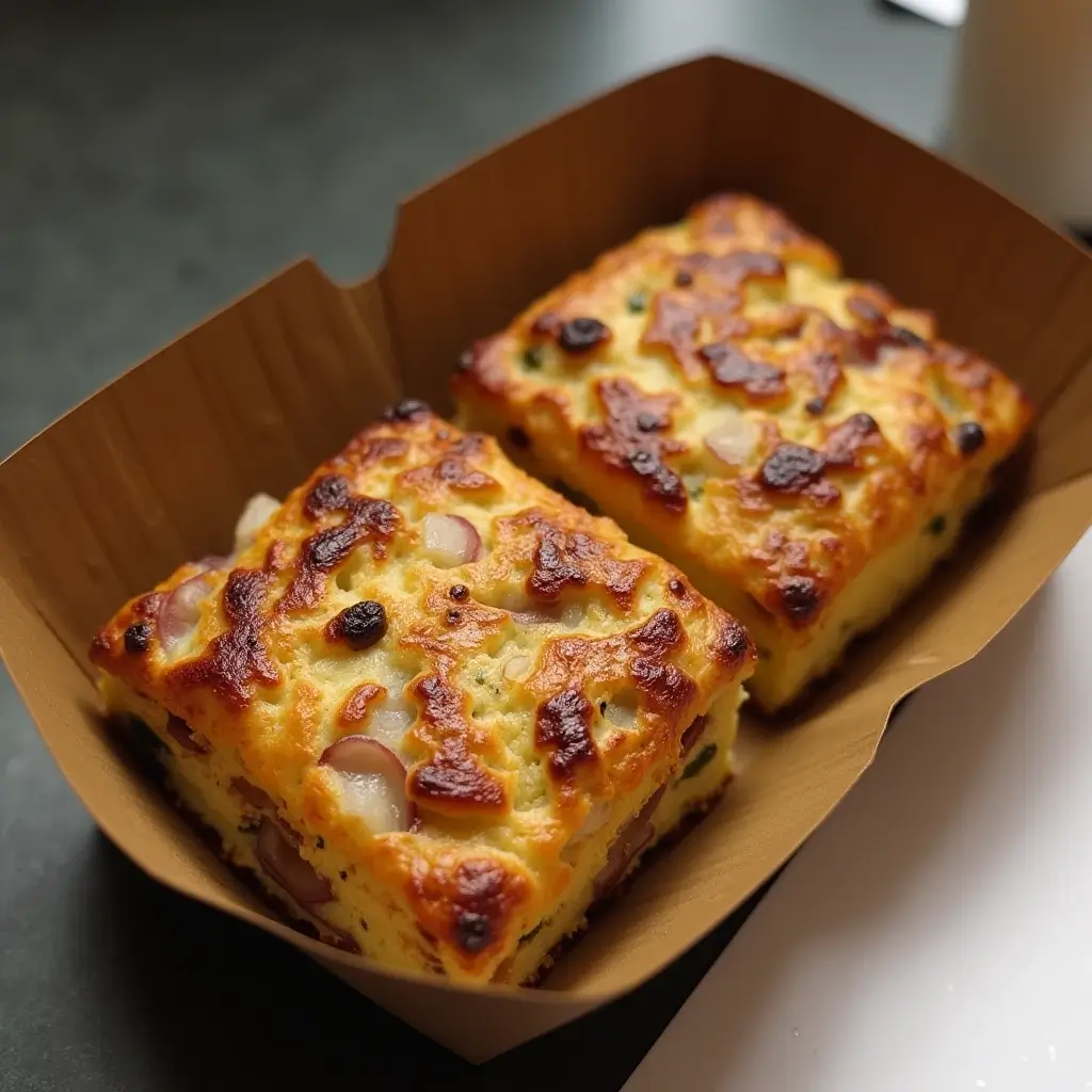 A crispy and golden Starbucks potato chive bake recipe, featuring baked potato squares with chives and cheese, served in a brown takeout box.