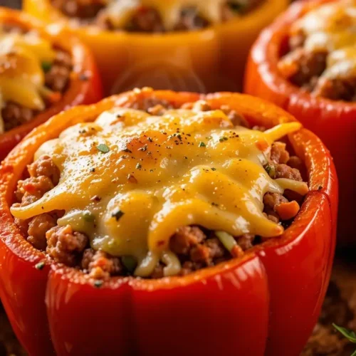 Close-up of stuffed bell peppers without rice, filled with seasoned ground meat and topped with melted cheddar cheese, served fresh from the oven.