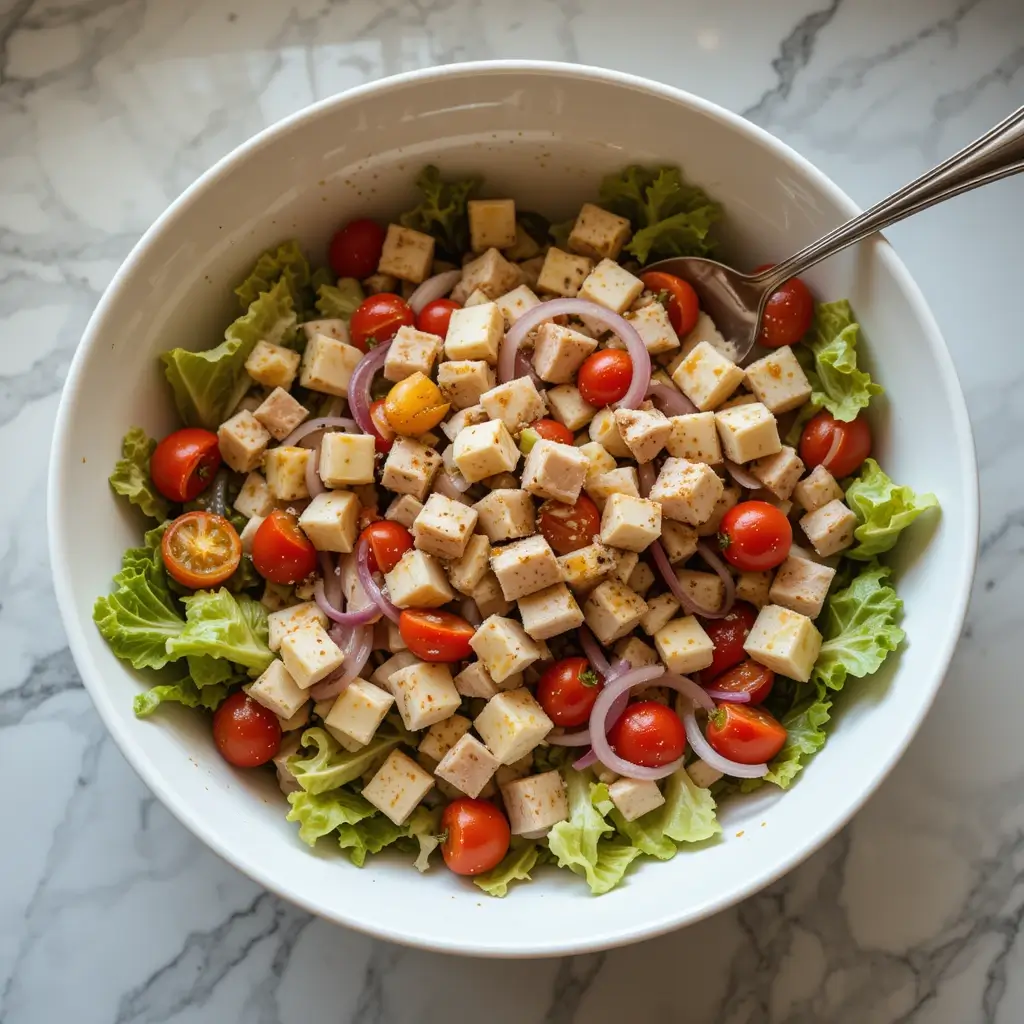 A fresh and delicious sub in a tub recipe featuring diced turkey, cubed cheese, cherry tomatoes, red onion slices, and crisp lettuce in a white bowl.