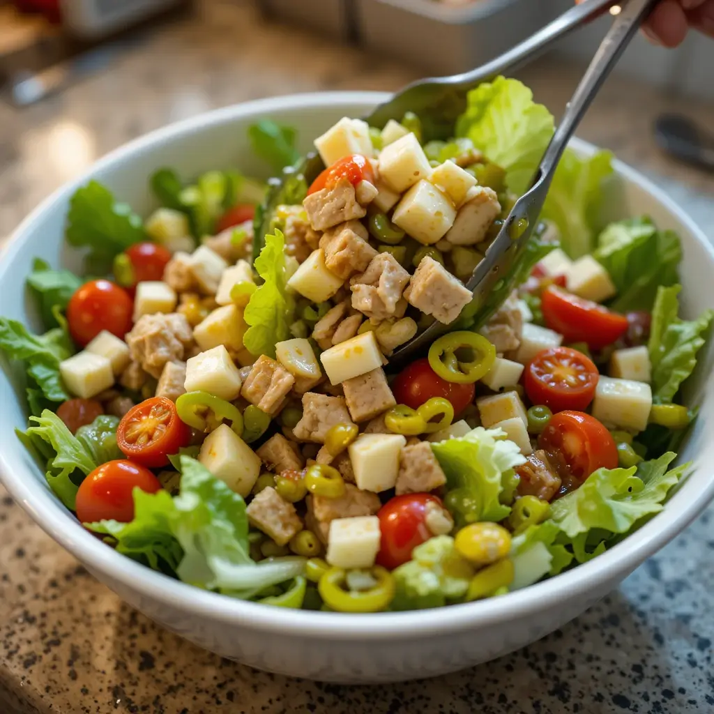 A vibrant and fresh sub in a tub recipe with diced chicken, cubed cheese, cherry tomatoes, banana peppers, and crisp lettuce, served in a white bowl.