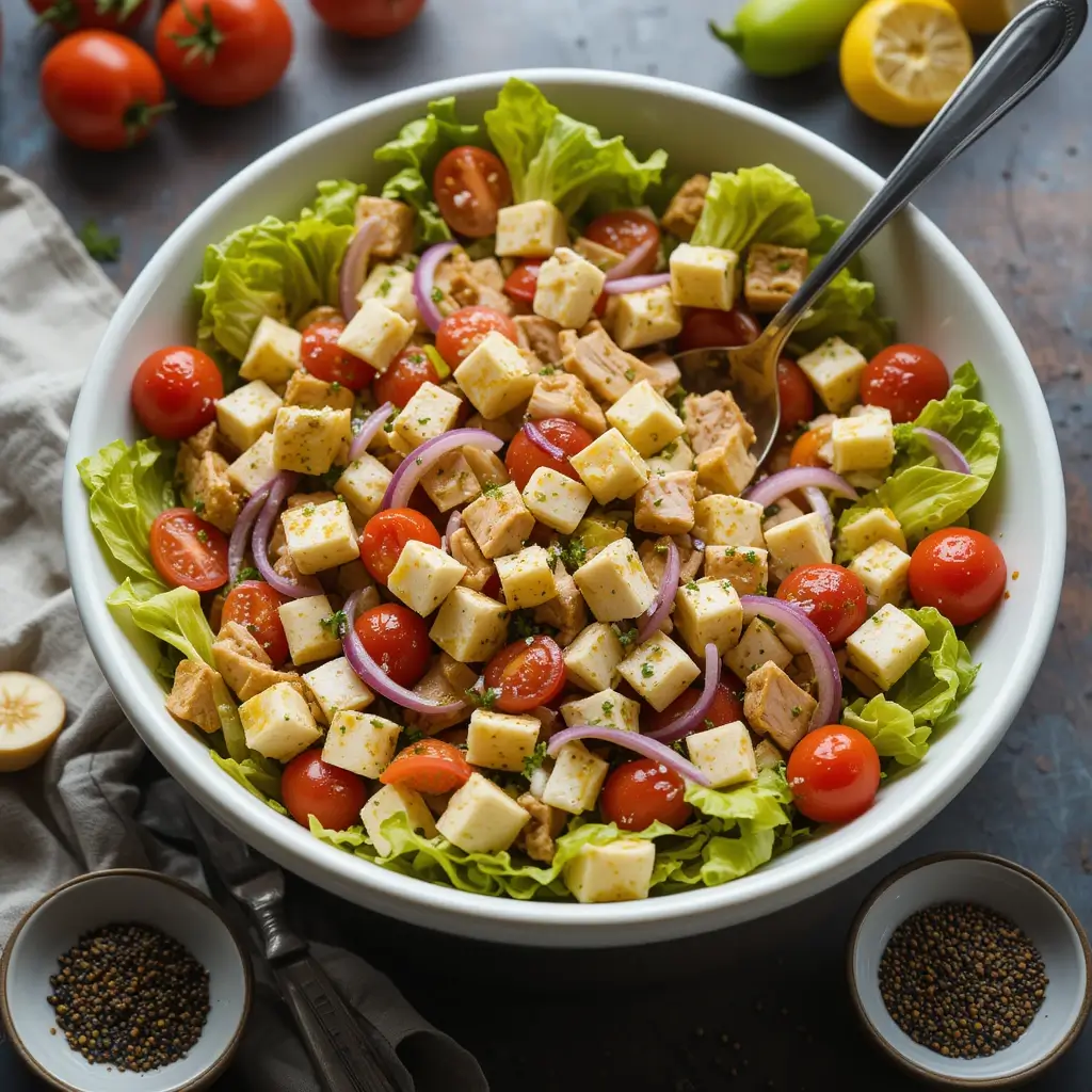 A fresh and colorful sub in a tub recipe featuring diced chicken, cubed cheese, cherry tomatoes, red onion slices, and crisp lettuce, served in a white bowl with a fork.