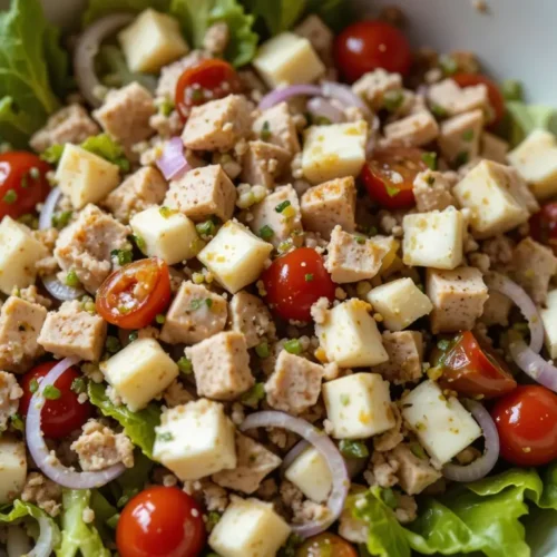 A fresh and healthy sub in a tub recipe with diced chicken, cubed cheese, cherry tomatoes, red onion slices, and crisp lettuce in a white bowl.