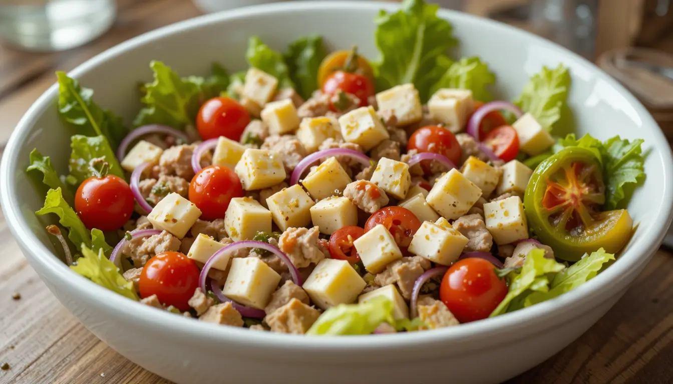 A fresh and healthy sub in a tub recipe featuring a mix of diced cheese, cherry tomatoes, red onion slices, lettuce, and seasoned meat in a white bowl.