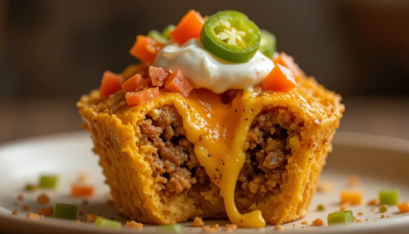 Close-up of a delicious taco cupcake with a crispy cheese shell, filled with seasoned ground beef, melted cheese, and topped with diced tomatoes, sour cream, and jalapeños.