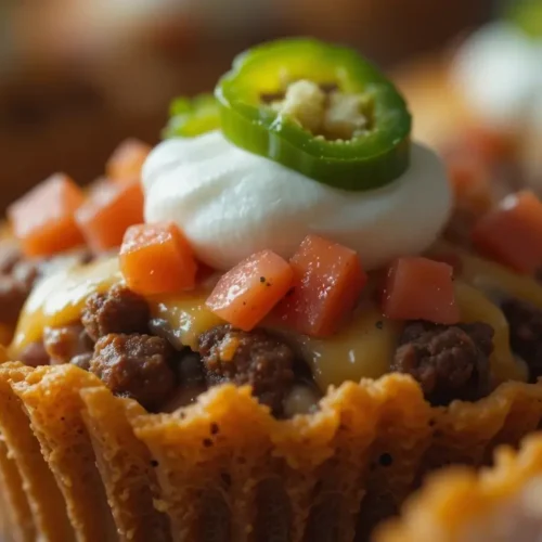 A close-up of crispy taco cupcakes filled with seasoned ground beef, gooey melted cheese, and topped with sour cream, diced tomatoes, and sliced jalapeños.