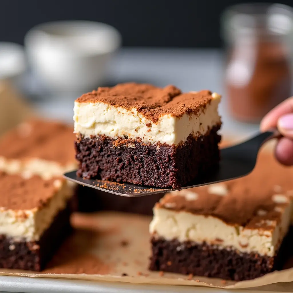 A close-up of a freshly baked tiramisu brownie being lifted with a spatula, showcasing its rich chocolate base, creamy mascarpone layer, and a dusting of cocoa powder.