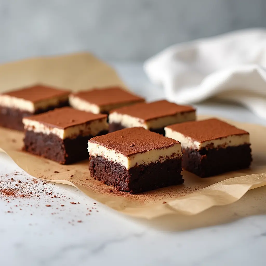 A batch of freshly baked tiramisu brownies, featuring a rich chocolate base, a creamy mascarpone layer, and a dusting of cocoa powder, arranged on parchment paper.