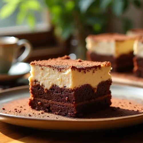 A rich and creamy tiramisu brownie with a fudgy chocolate base, topped with mascarpone and dusted with cocoa powder, served on a plate with coffee in the background.