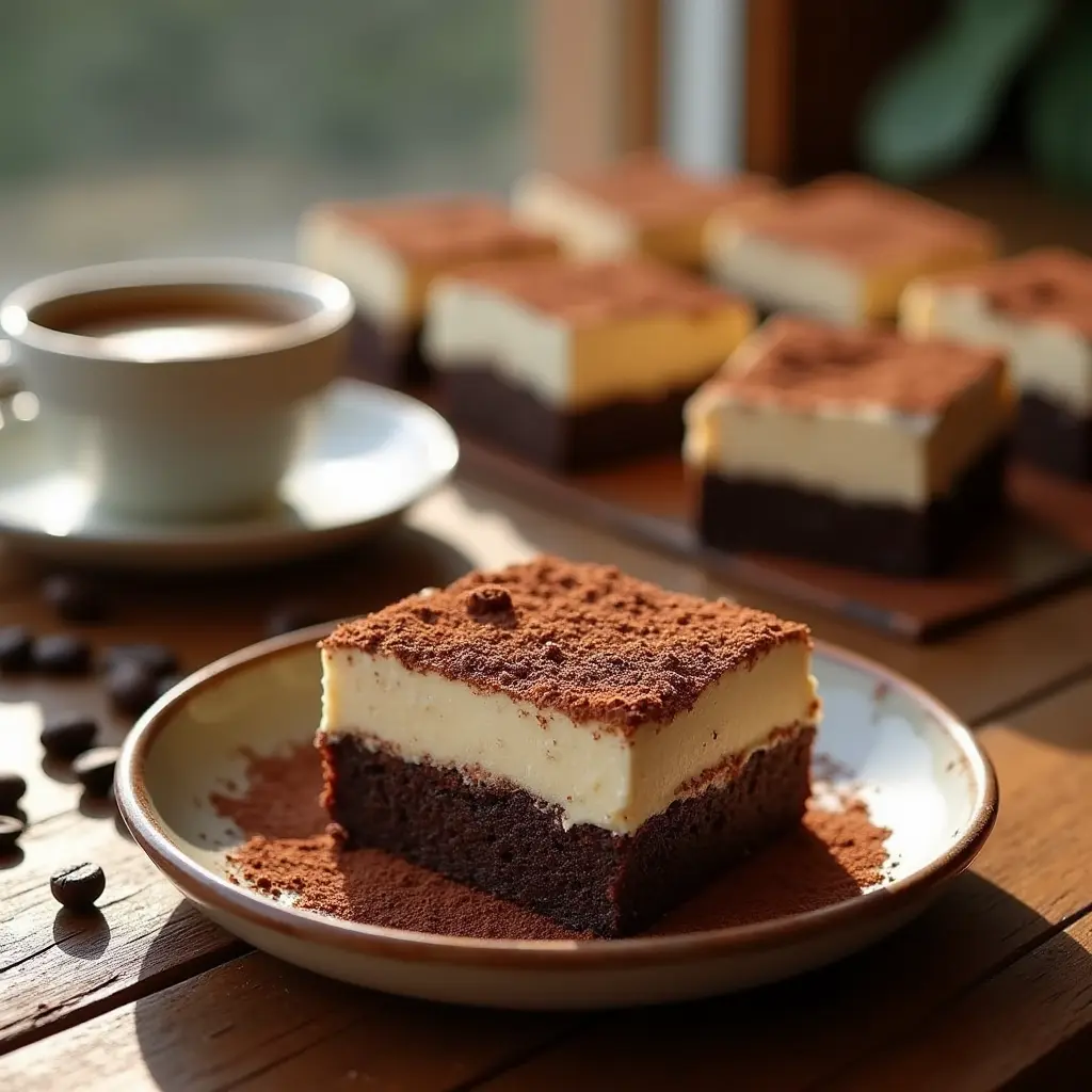 A plate with a rich and creamy tiramisu brownie, dusted with cocoa powder, served alongside a cup of coffee on a rustic wooden table.