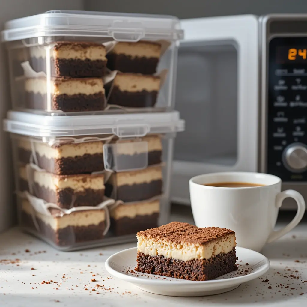 Freshly made tiramisu brownies neatly stored in airtight containers, with a piece served on a plate alongside a cup of coffee.