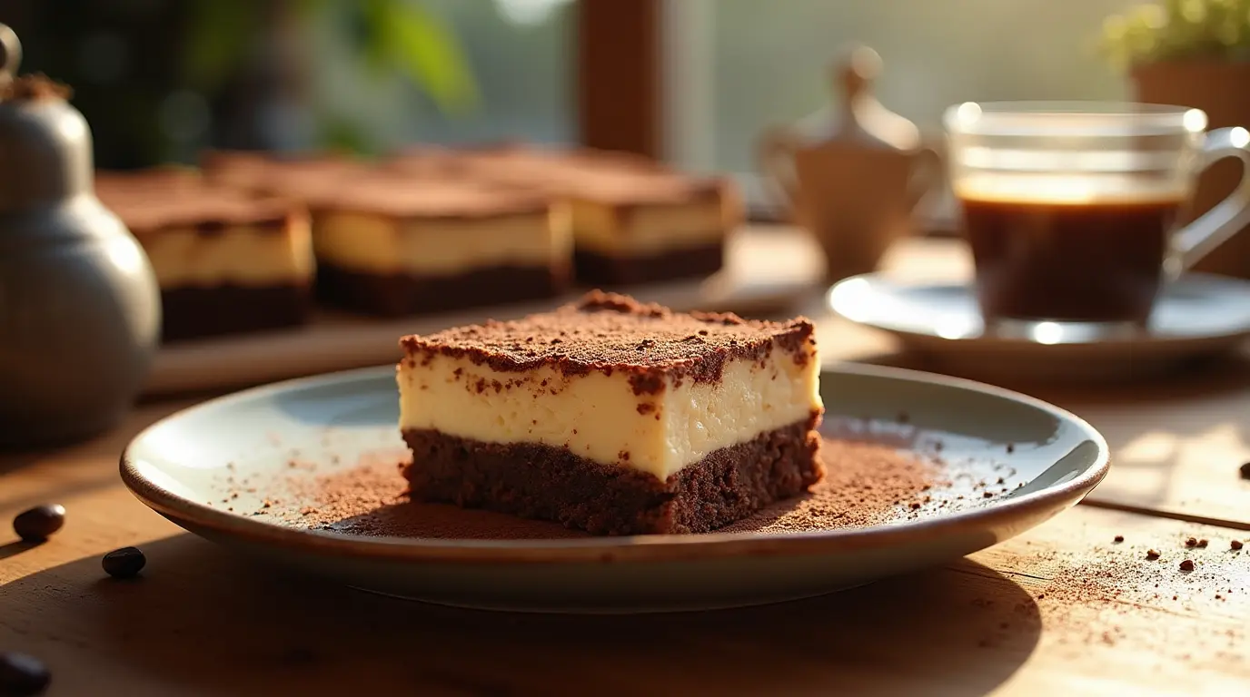 A delicious tiramisu brownie on a plate, featuring a rich chocolate base and a creamy mascarpone layer, dusted with cocoa powder, served with a cup of coffee.