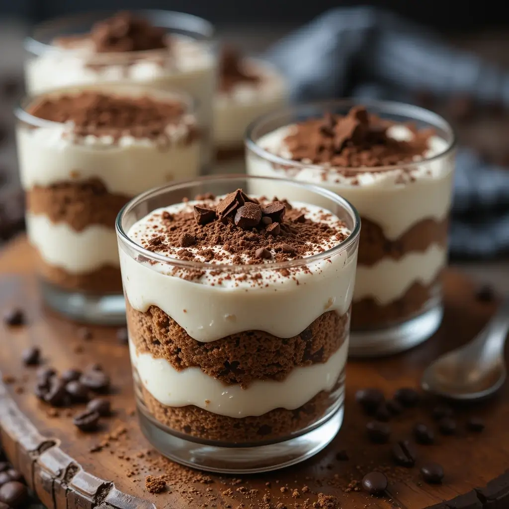 Elegant tiramisu cups with layers of coffee-soaked sponge and creamy mascarpone, topped with cocoa powder and chocolate shavings, served in glass cups on a rustic wooden surface.