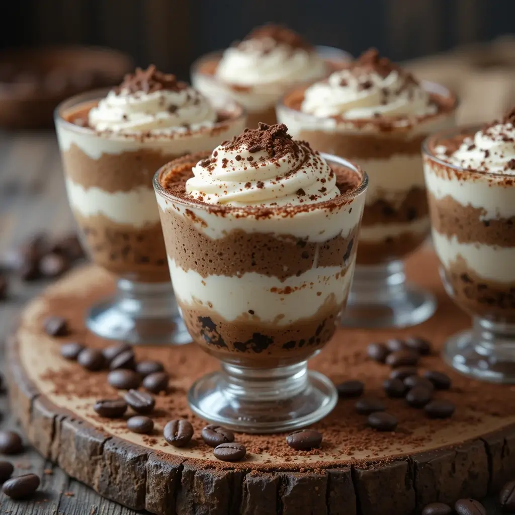 Delicious tiramisu cups with layers of creamy mascarpone and coffee-soaked sponge, topped with whipped cream and cocoa powder, elegantly served in glass dessert cups on a rustic wooden board.