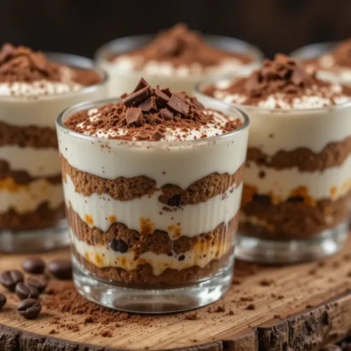 Delicious tiramisu cups with layers of mascarpone cream and coffee-soaked sponge, topped with cocoa powder and chocolate shavings, elegantly presented on a rustic wooden board.