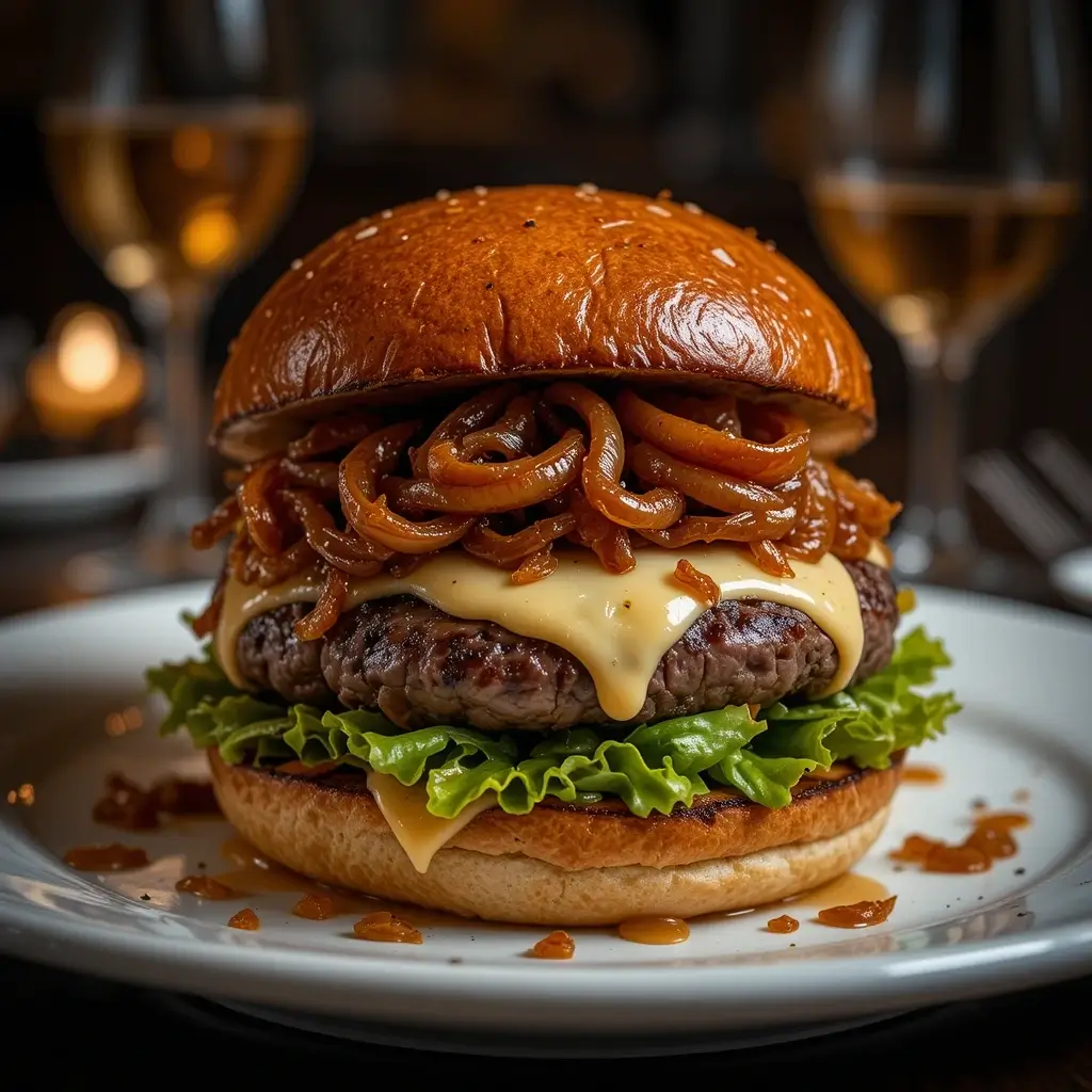 A gourmet burger made using a wagyu ground beef recipe, featuring a juicy Wagyu patty, melted cheese, caramelized onions, and fresh lettuce on a toasted brioche bun, served on a white plate with a fine dining ambiance.