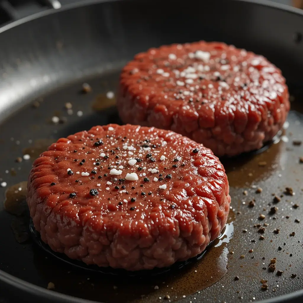 Two raw Wagyu beef patties seasoned with salt and pepper, sizzling in a pan with oil, preparing the perfect wagyu ground beef recipe for a juicy and flavorful burger.