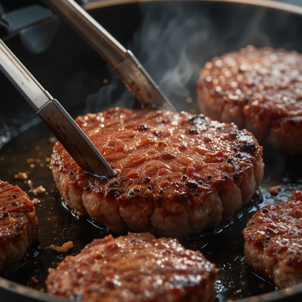 A close-up of Wagyu beef patties sizzling in a pan, being flipped with tongs, highlighting the rich marbling and caramelized crust of this wagyu ground beef recipe.