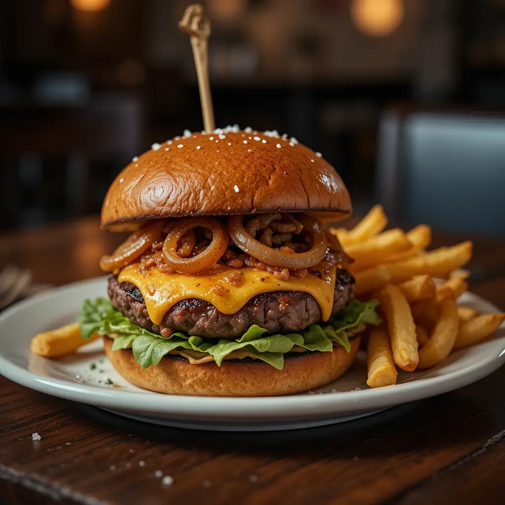 A gourmet burger made using a wagyu ground beef recipe, featuring a juicy Wagyu patty with melted cheddar cheese, caramelized onions, fresh lettuce, and a toasted brioche bun, served with crispy golden fries on a white plate.