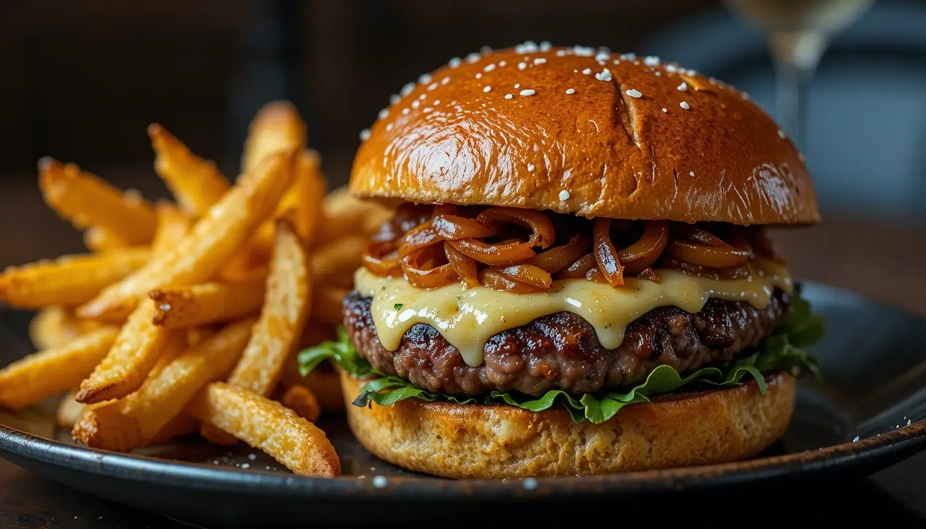 A gourmet burger made with a wagyu ground beef recipe, topped with melted cheese, caramelized onions, and fresh lettuce, served with crispy golden fries on a dark plate.