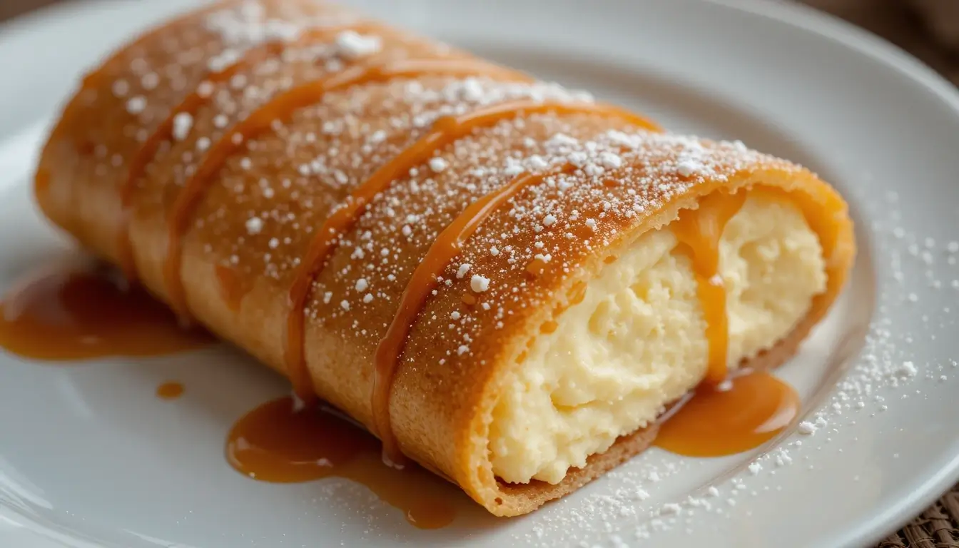 A delicious Xango dessert, a deep-fried cheesecake roll drizzled with caramel sauce and dusted with powdered sugar, served on a white plate.