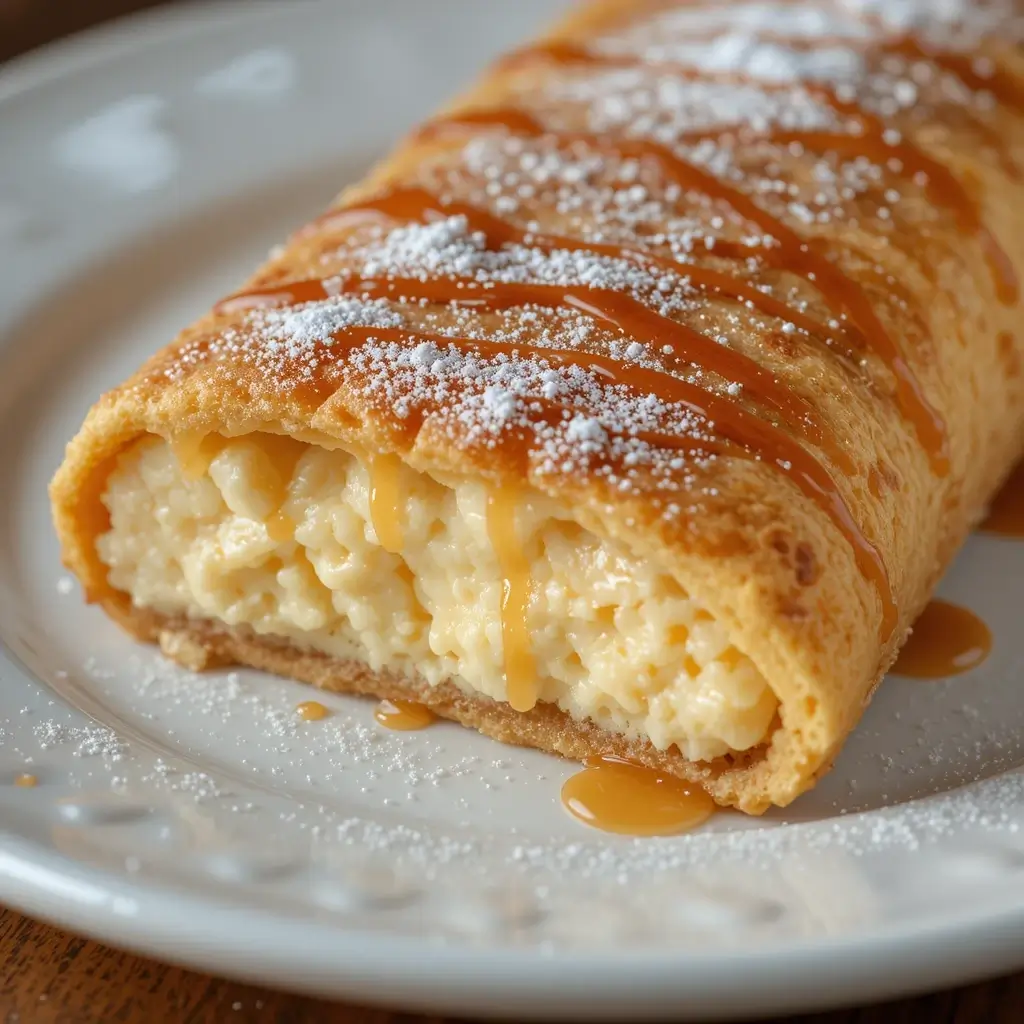 A mouthwatering Xango dessert, featuring a crispy deep-fried cheesecake roll filled with creamy custard, drizzled with caramel sauce, and dusted with powdered sugar on a white plate.