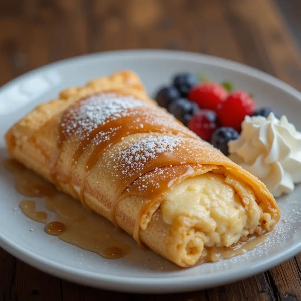 A delicious Xango dessert, a deep-fried cheesecake roll drizzled with caramel sauce and dusted with powdered sugar, served with fresh berries and whipped cream on a white plate.