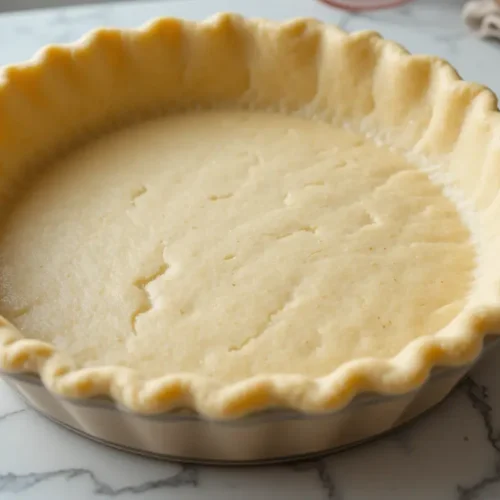 A perfectly shaped 3 ingredient pie crust in a glass pie dish, featuring a crimped edge and smooth texture, ready for baking.