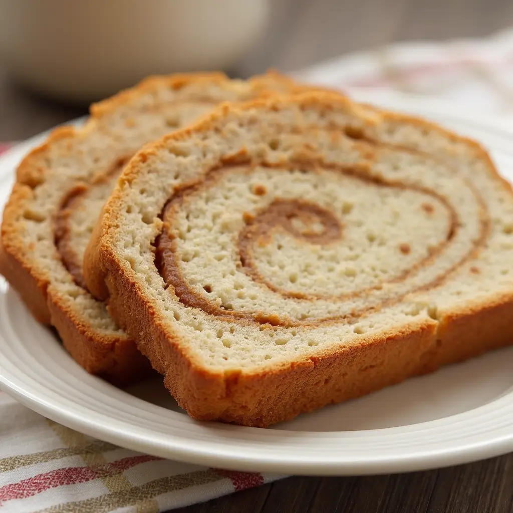 Two slices of homemade Amish Cinnamon Bread Recipe with a beautiful cinnamon swirl, served on a white plate for a comforting treat.