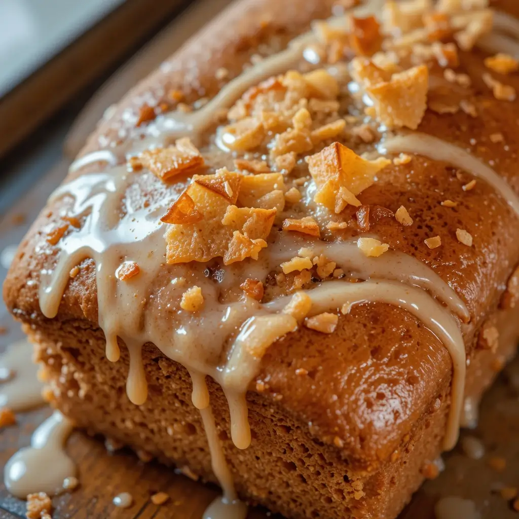 Homemade Amish Cinnamon Bread Recipe topped with a sweet glaze and crunchy cinnamon-spiced crumble, creating a delightful texture and flavor.