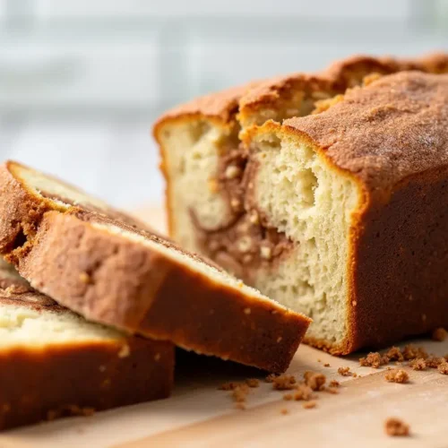 Freshly baked Amish Cinnamon Bread Recipe with a golden crust and a soft, cinnamon-swirled interior, served on a wooden board.