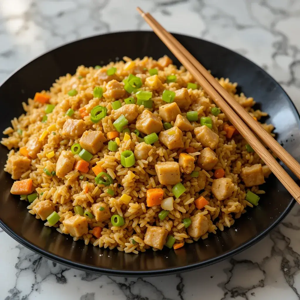 A delicious Benihana Chicken Fried Rice Recipe, featuring perfectly seasoned fried rice with tender chicken cubes, diced carrots, and fresh green onions, served on a black plate with chopsticks on a marble countertop.