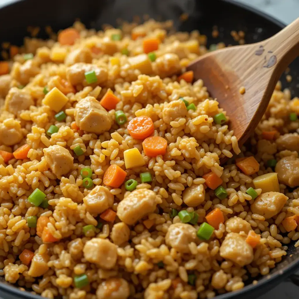 A close-up of Benihana Chicken Fried Rice Recipe, featuring golden-brown rice, juicy chicken bites, diced carrots, potatoes, and fresh green onions, being stirred with a wooden spatula in a black pan.