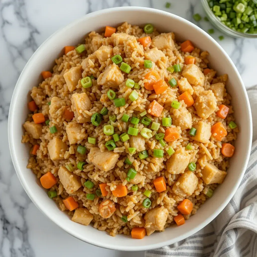 A bowl of Benihana Chicken Fried Rice Recipe, featuring fluffy fried rice, tender chicken bites, diced carrots, and fresh green onions, served in a white bowl on a marble countertop.