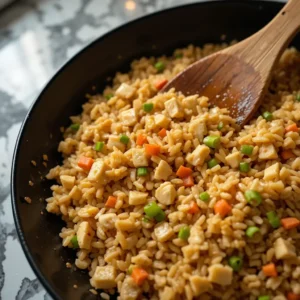 A freshly cooked Benihana Chicken Fried Rice Recipe, featuring fluffy rice, diced chicken, carrots, and green onions, being stirred in a black pan with a wooden spatula on a marble countertop.