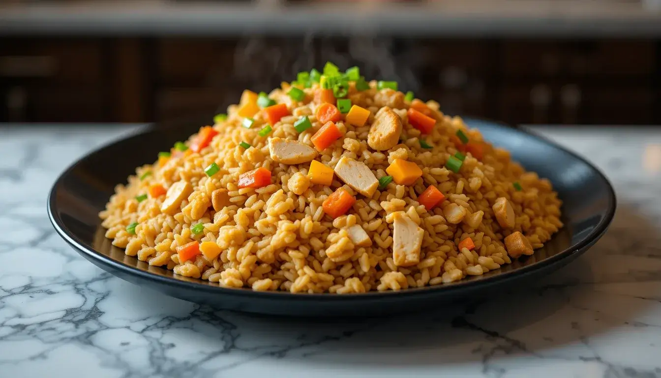 A delicious serving of Benihana Chicken Fried Rice Recipe, featuring golden fried rice mixed with diced chicken, carrots, green onions, and bell peppers, served on a black plate over a marble countertop.