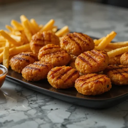 A plate of Chick Fil A Grilled Nuggets Recipe, served with crispy French fries and a side of dipping sauce on a marble countertop.