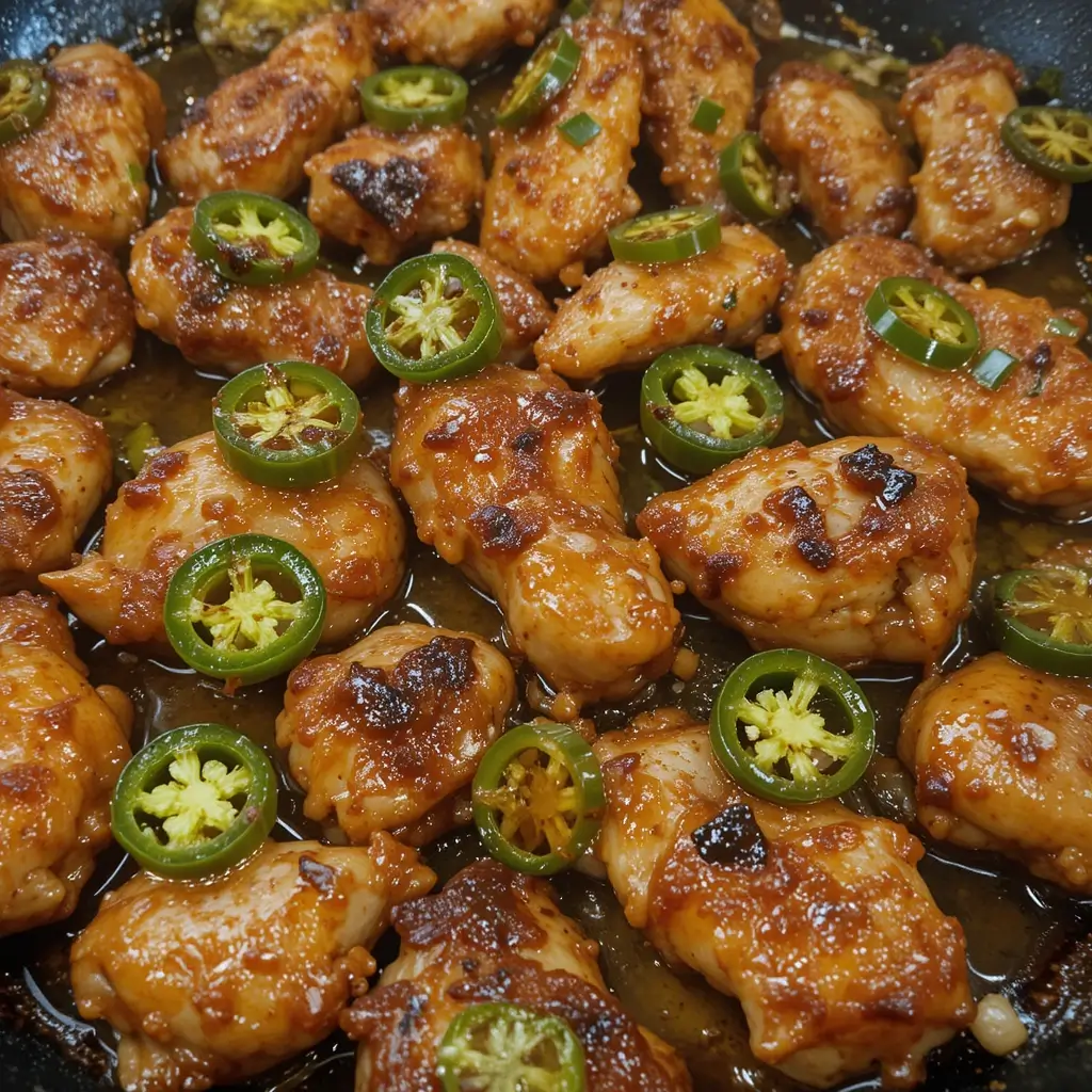 A sizzling Jalapeno Chicken Recipe featuring tender, golden-brown chicken bites coated in a spicy, caramelized sauce, garnished with fresh jalapeno slices for extra heat.