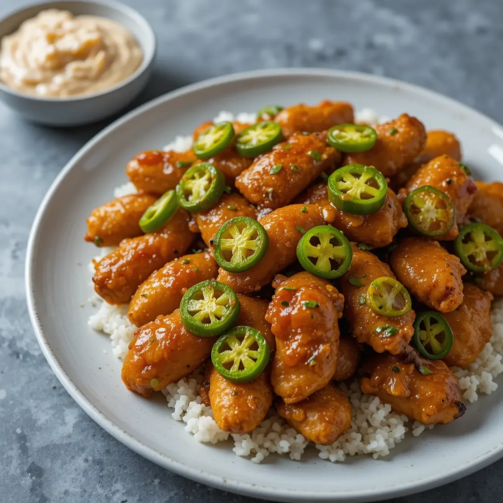 A mouthwatering Jalapeno Chicken Recipe served over fluffy couscous, featuring crispy chicken coated in a spicy, sweet glaze and garnished with fresh jalapeno slices.