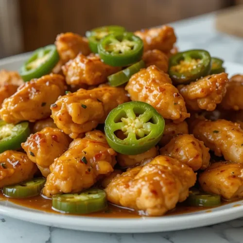 A flavorful Jalapeno Chicken Recipe featuring crispy, golden-brown chicken pieces coated in a spicy, tangy sauce, garnished with fresh jalapeno slices for an extra kick.