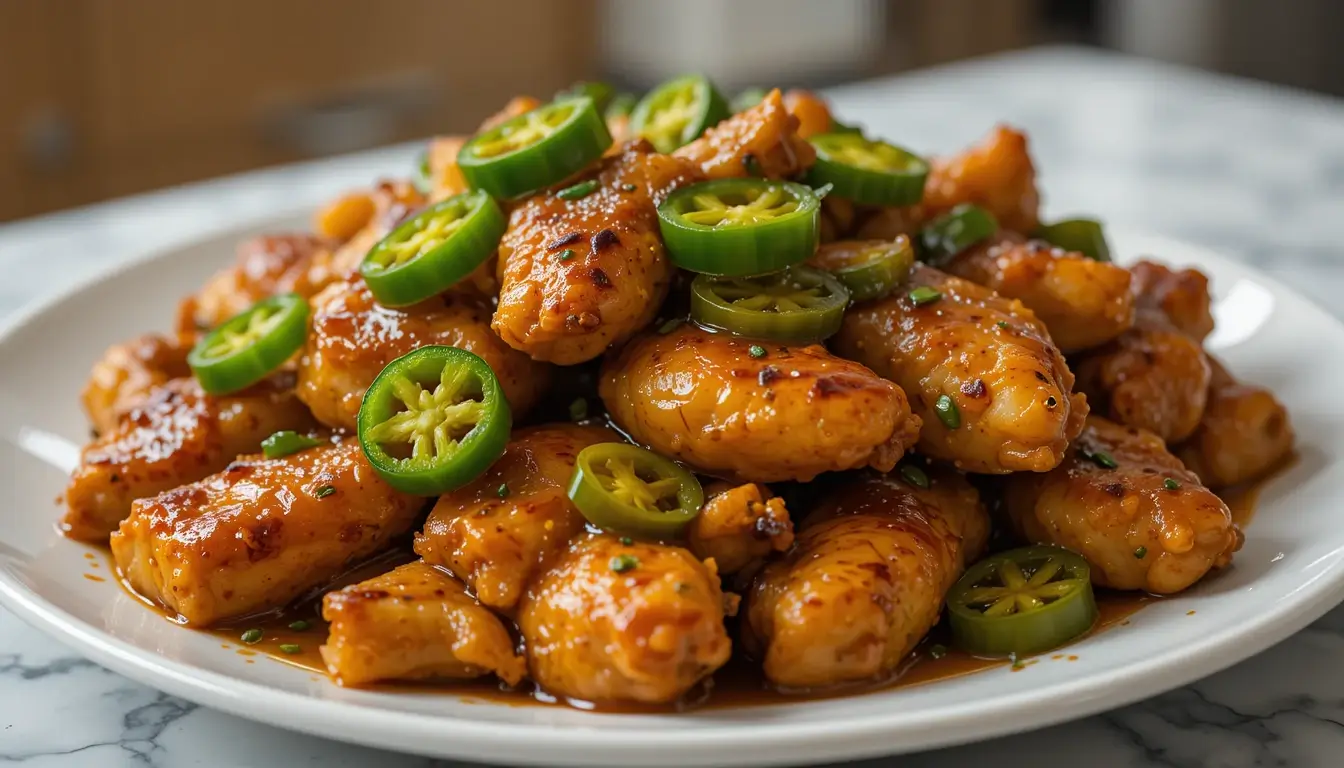 Spicy and flavorful Jalapeno Chicken Recipe featuring tender chicken coated in a rich, glossy sauce, garnished with fresh sliced jalapenos for a bold kick.