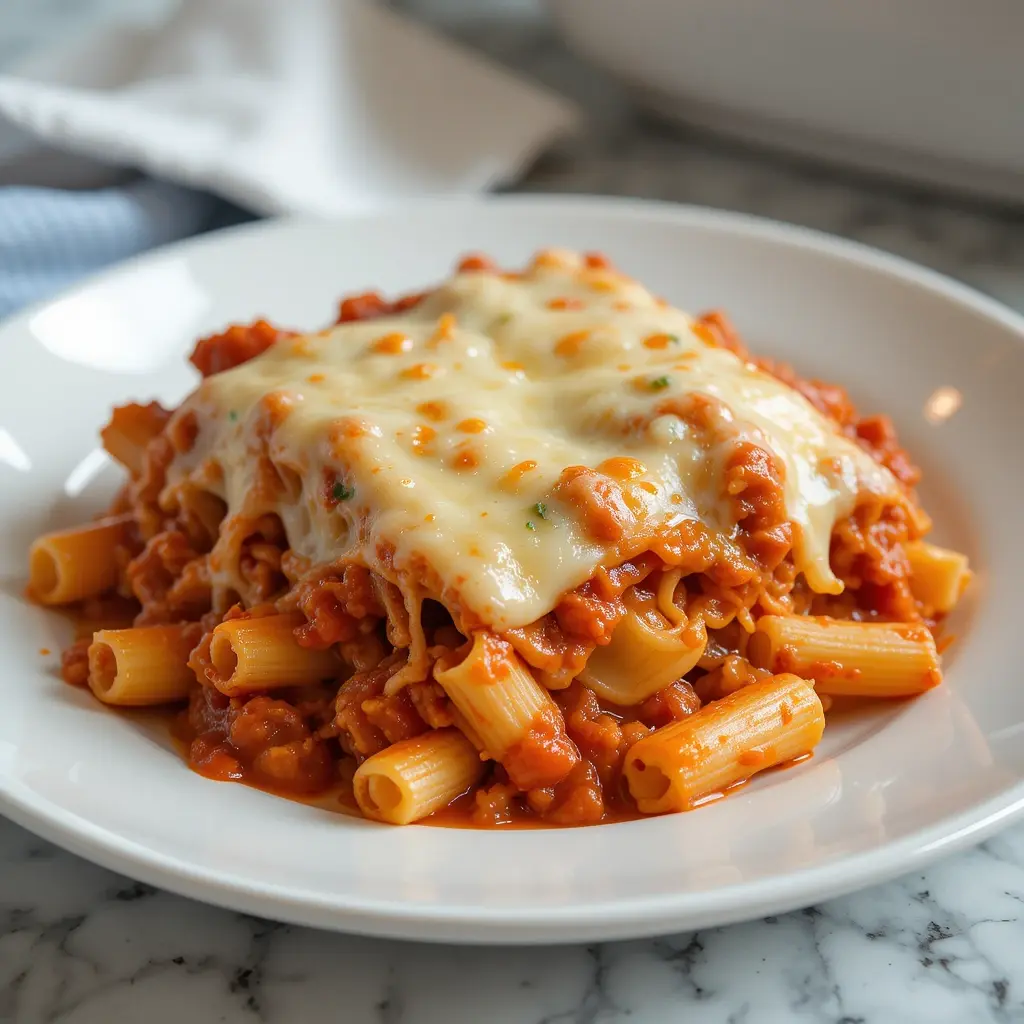 A serving of baked ziti recipe no meat on a white plate, featuring tender pasta in a rich tomato sauce topped with melted mozzarella cheese.