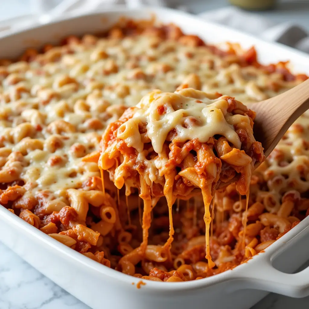 A cheesy and delicious baked ziti recipe no meat being served from a casserole dish, with gooey melted cheese stretching from the pasta.