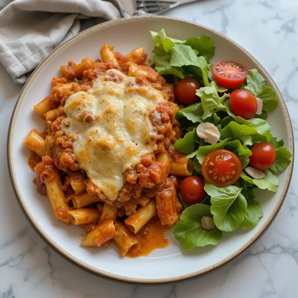 A plated serving of baked ziti recipe no meat with melted cheese, rich tomato sauce, and a fresh side salad with cherry tomatoes and leafy greens.