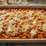 A delicious homemade baked ziti recipe no meat, featuring pasta baked in a rich tomato sauce and topped with melted mozzarella cheese in a white casserole dish.